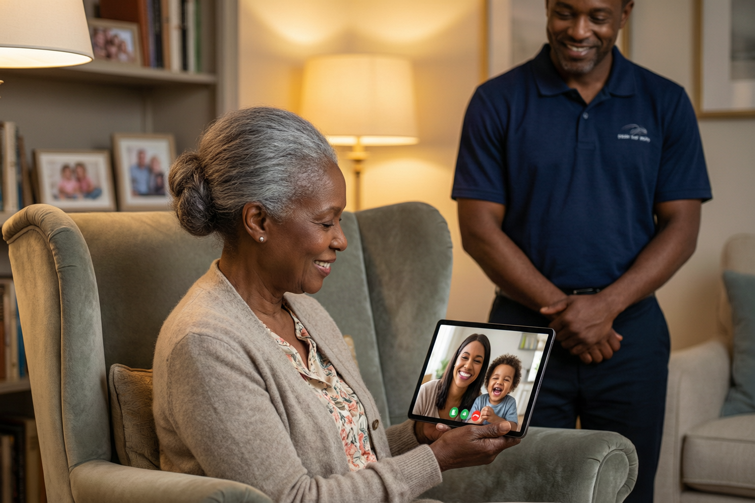 An older lady on a video call with her family while her companion stands warmly nearby