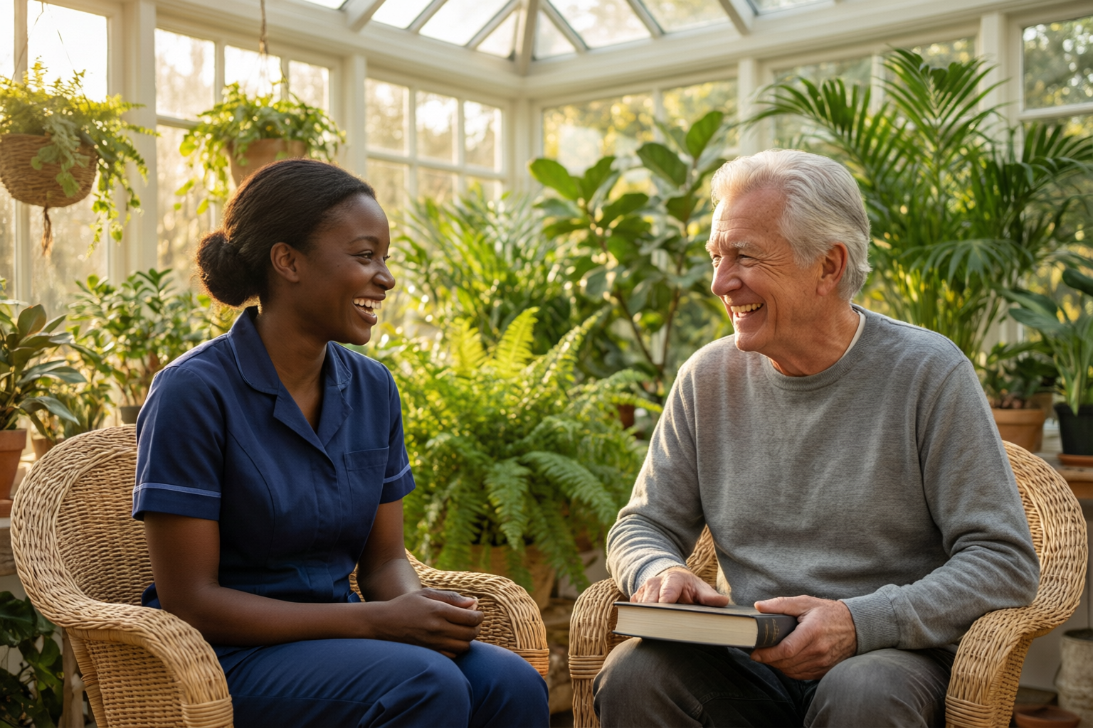 A companion enjoying tea and conversation with an older lady
