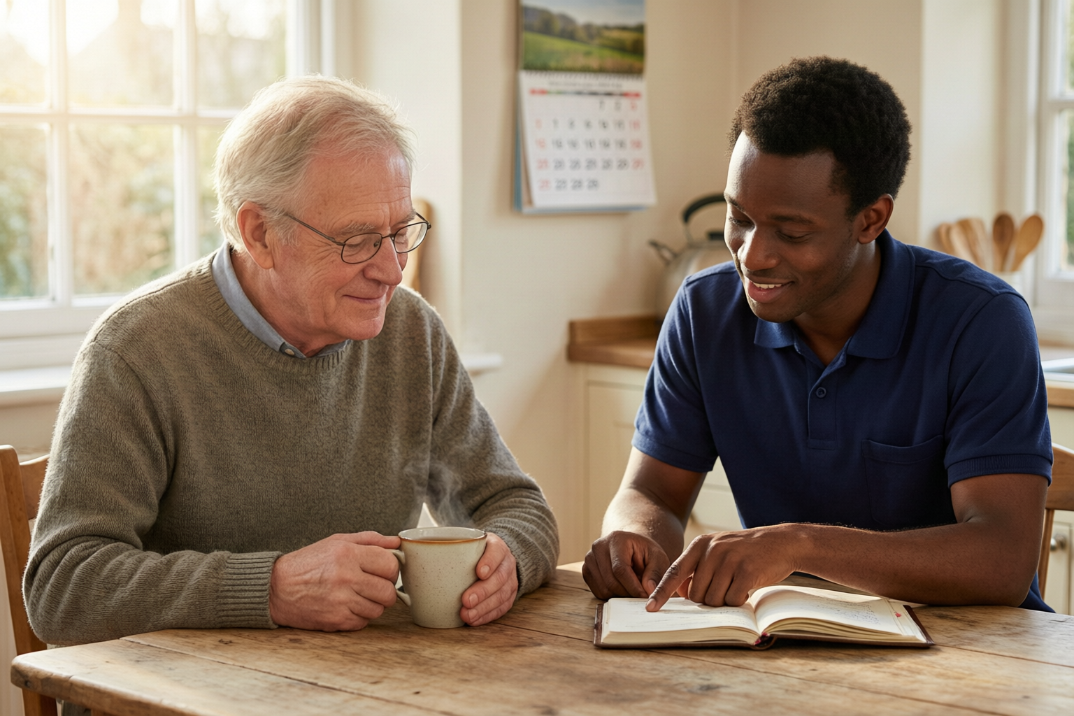 A support worker in a navy polo shirt going through an appointment planner with an older man over a cup of tea in a kitchen