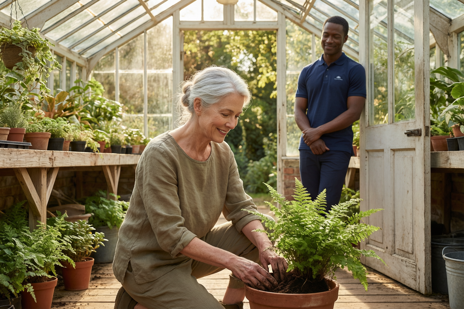 An older lady watering her garden herself while her companion watches on supportively