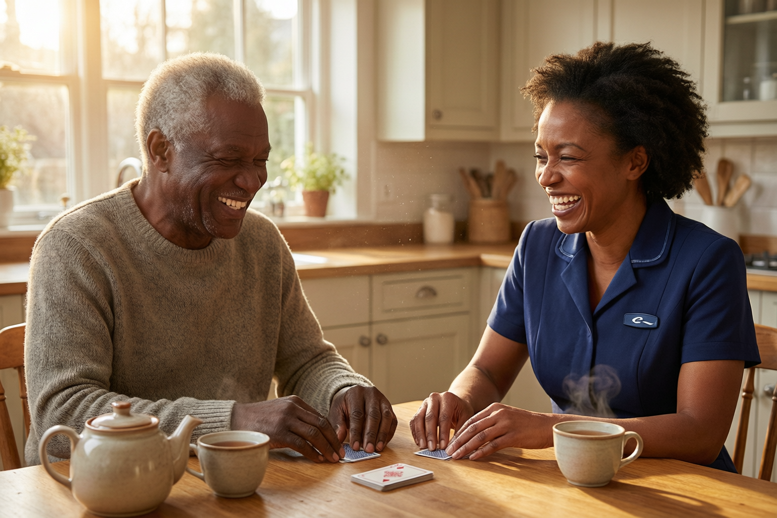 An older gentleman and his companion laughing over a game of cards