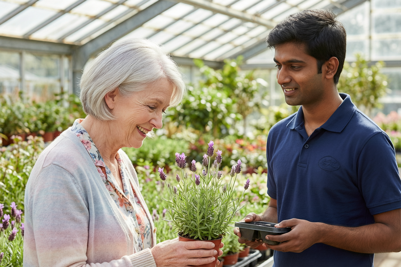 A support worker in a navy polo shirt choosing a lavender plant with a customer at a garden centre