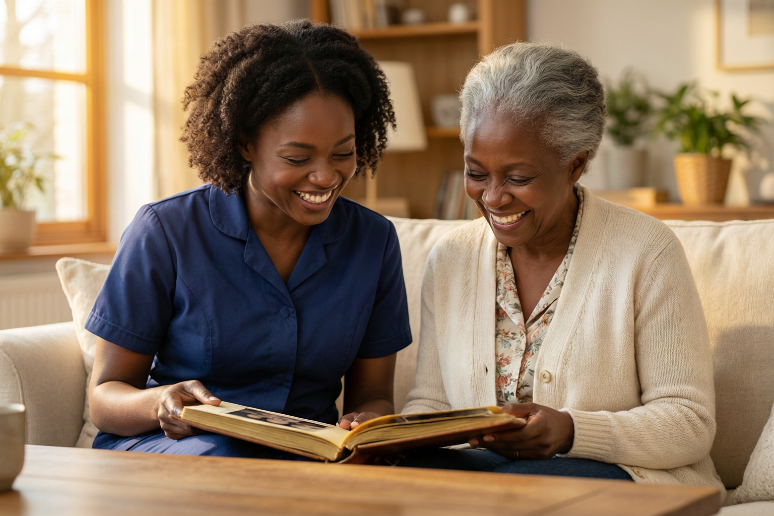 A support worker in a navy uniform looking through a photo album with an older woman, both laughing on the sofa