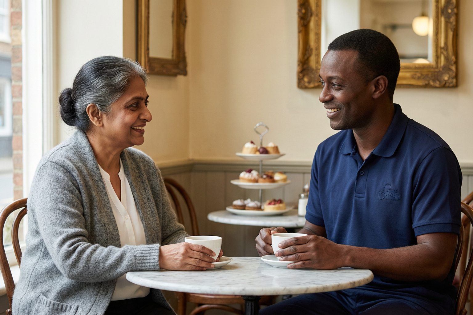 A support worker and a customer each holding a coffee, talking across a cafe table