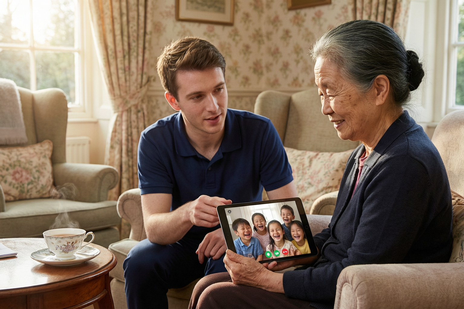 A support worker in a navy polo shirt helping an older woman make a video call to her grandchildren on a tablet
