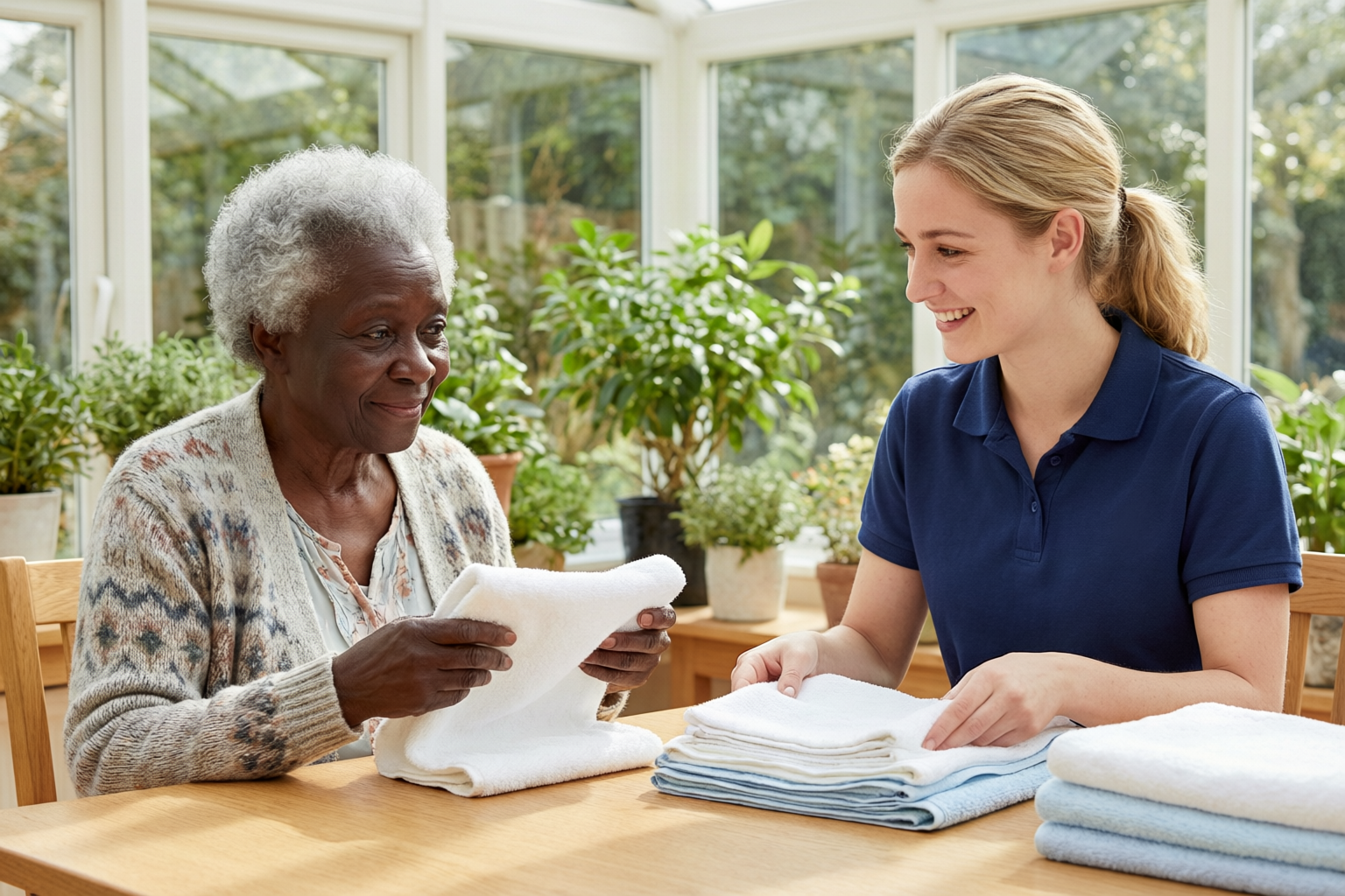 A support worker in a navy polo shirt folding fresh towels with an older woman at a table in a plant-filled sunroom