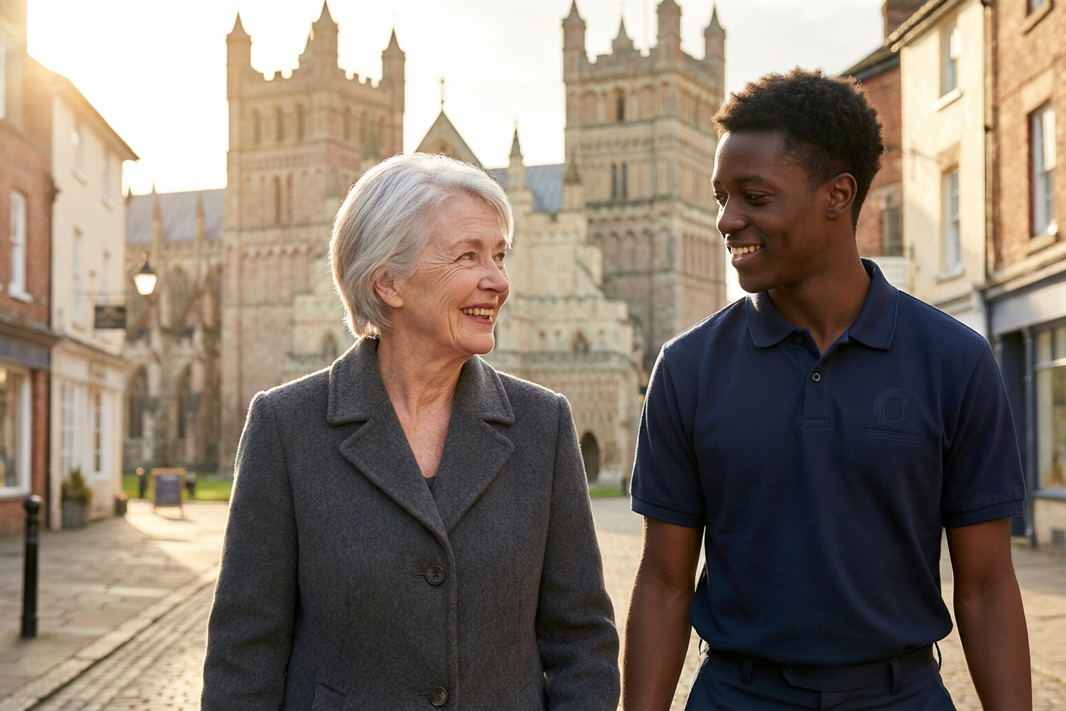 A support worker in a navy polo shirt walking and talking with an older woman on a cobbled Exeter street, the cathedral behind them