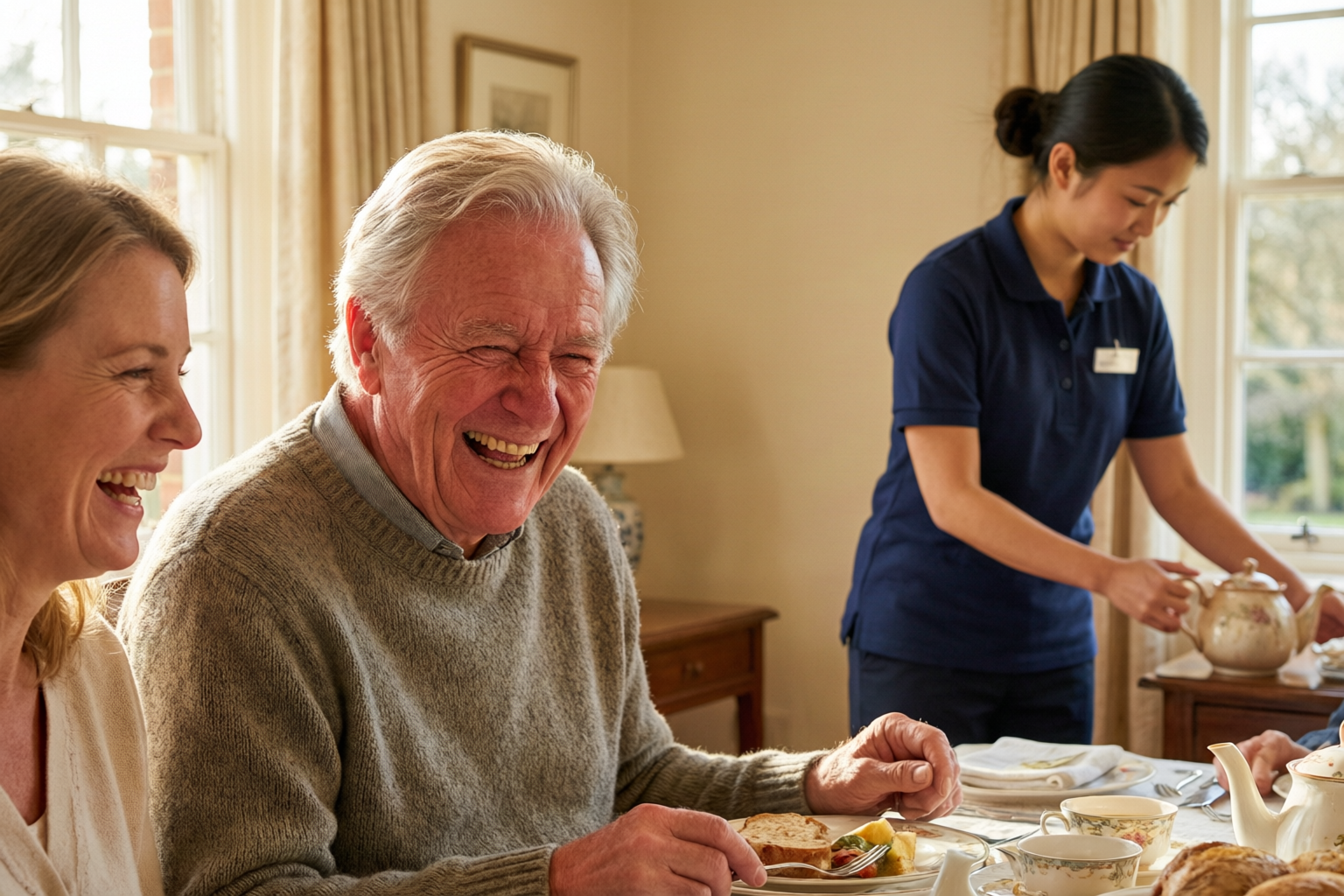 An older man laughing over lunch with his daughter while a support worker in a navy uniform pours the tea