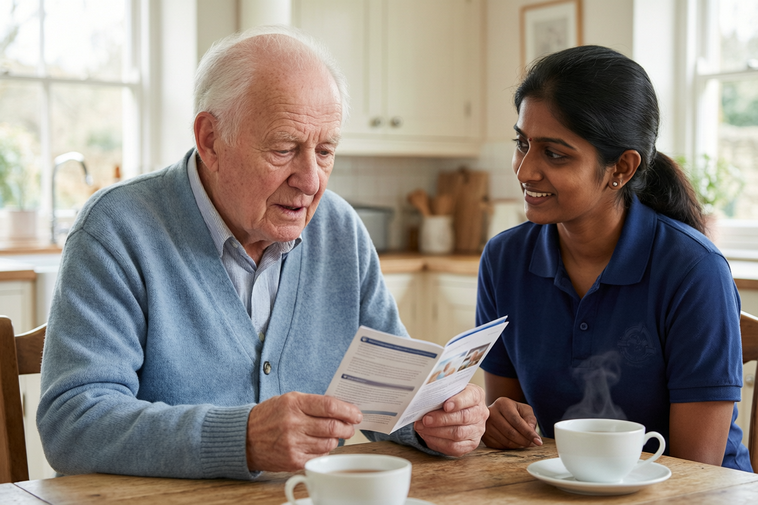 A companion answering questions from an information booklet with an older gentleman