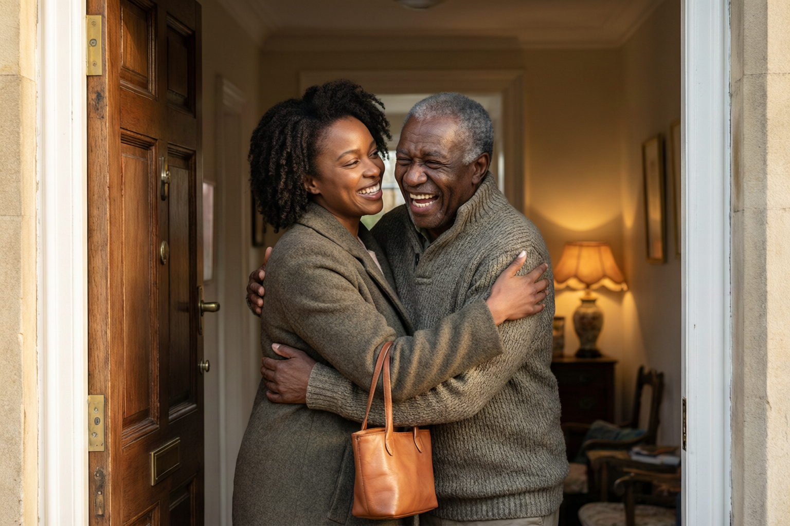 An adult daughter warmly greeting her older father at his front door