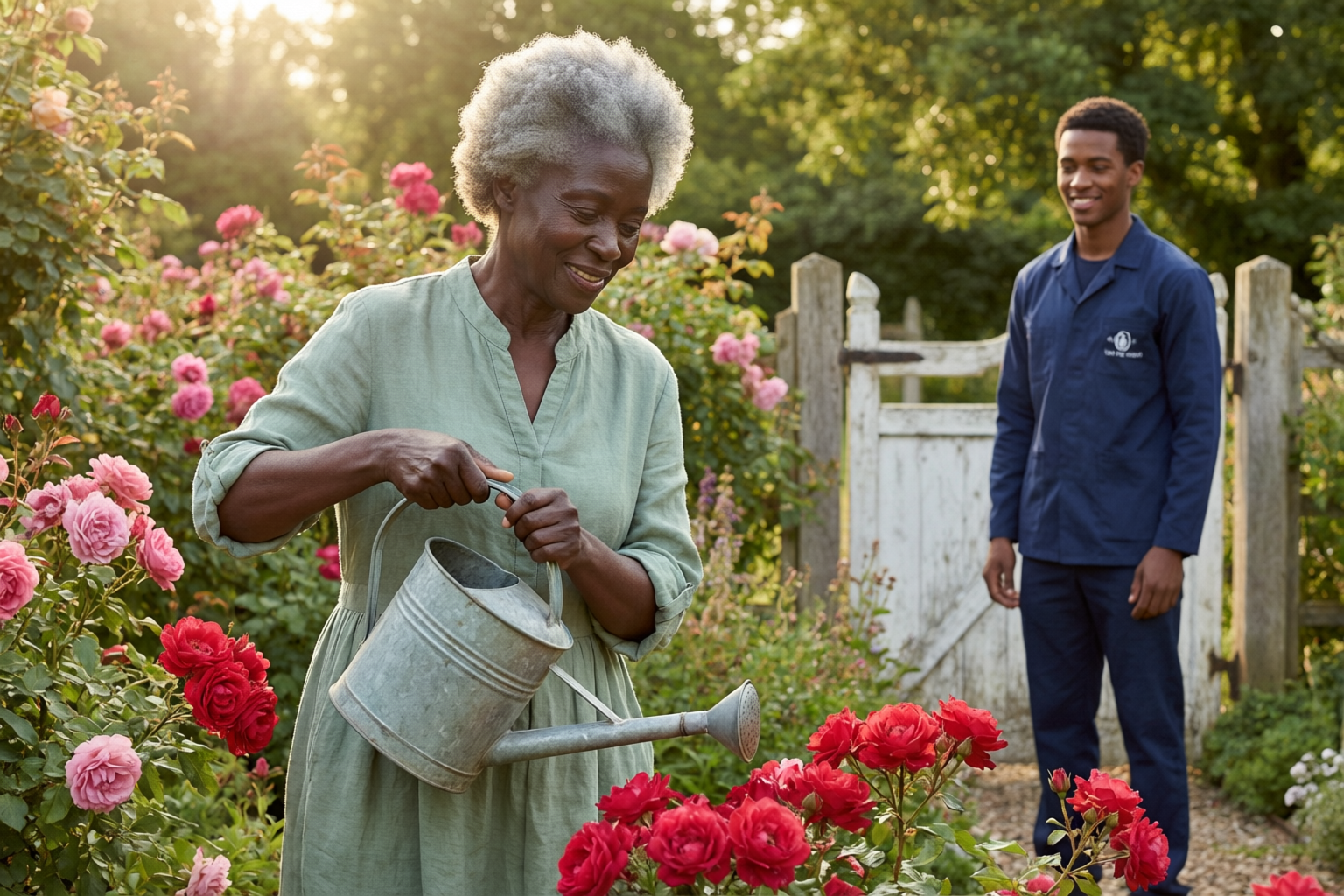 An older woman watering her roses while a support worker in a navy uniform waits by the garden gate