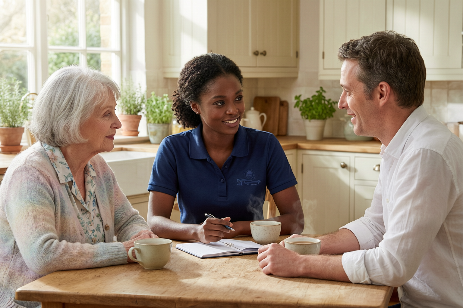 A first conversation over tea between a family and a companion