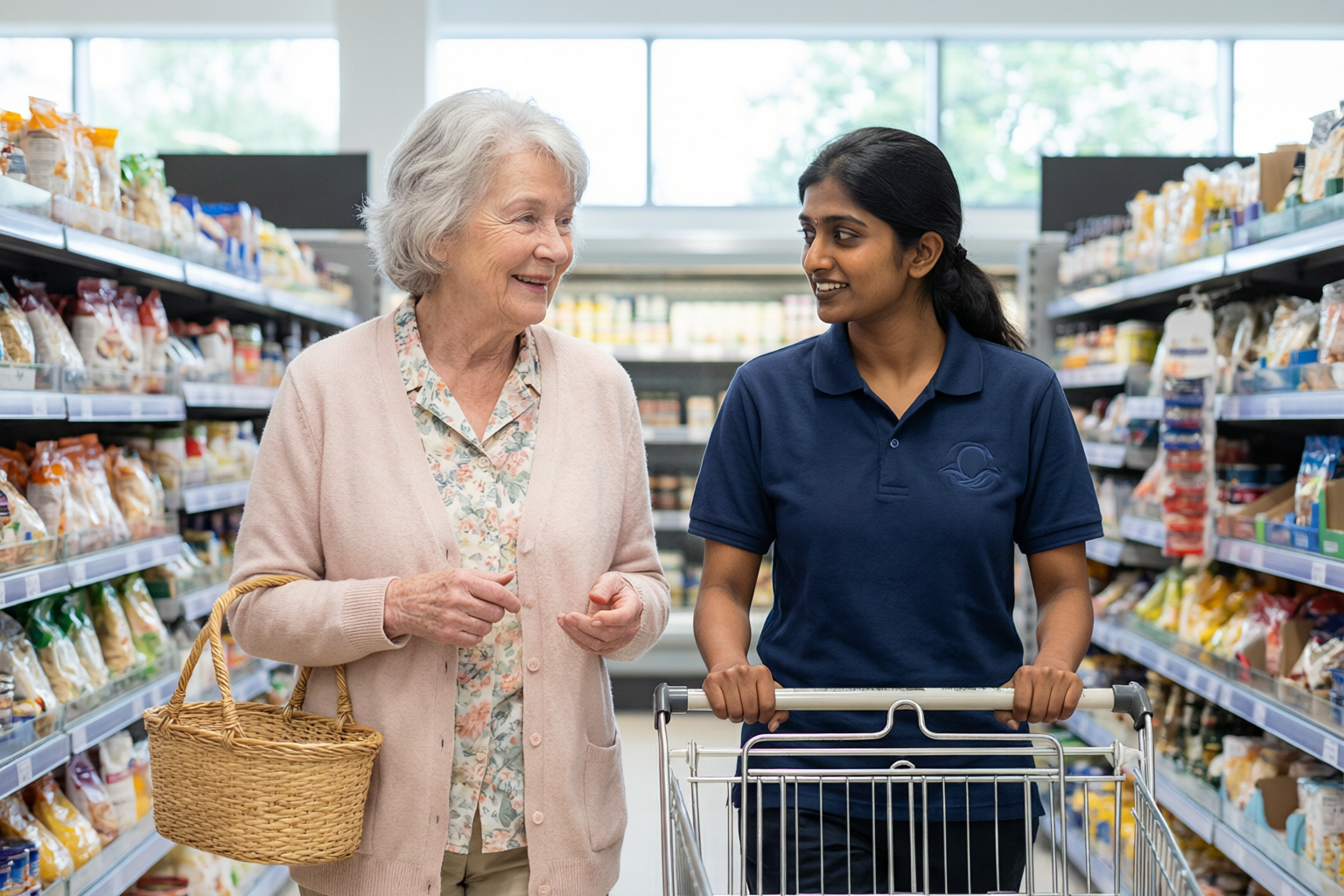 A support worker in a navy polo shirt pushing a trolley while shopping with an older woman in a supermarket aisle