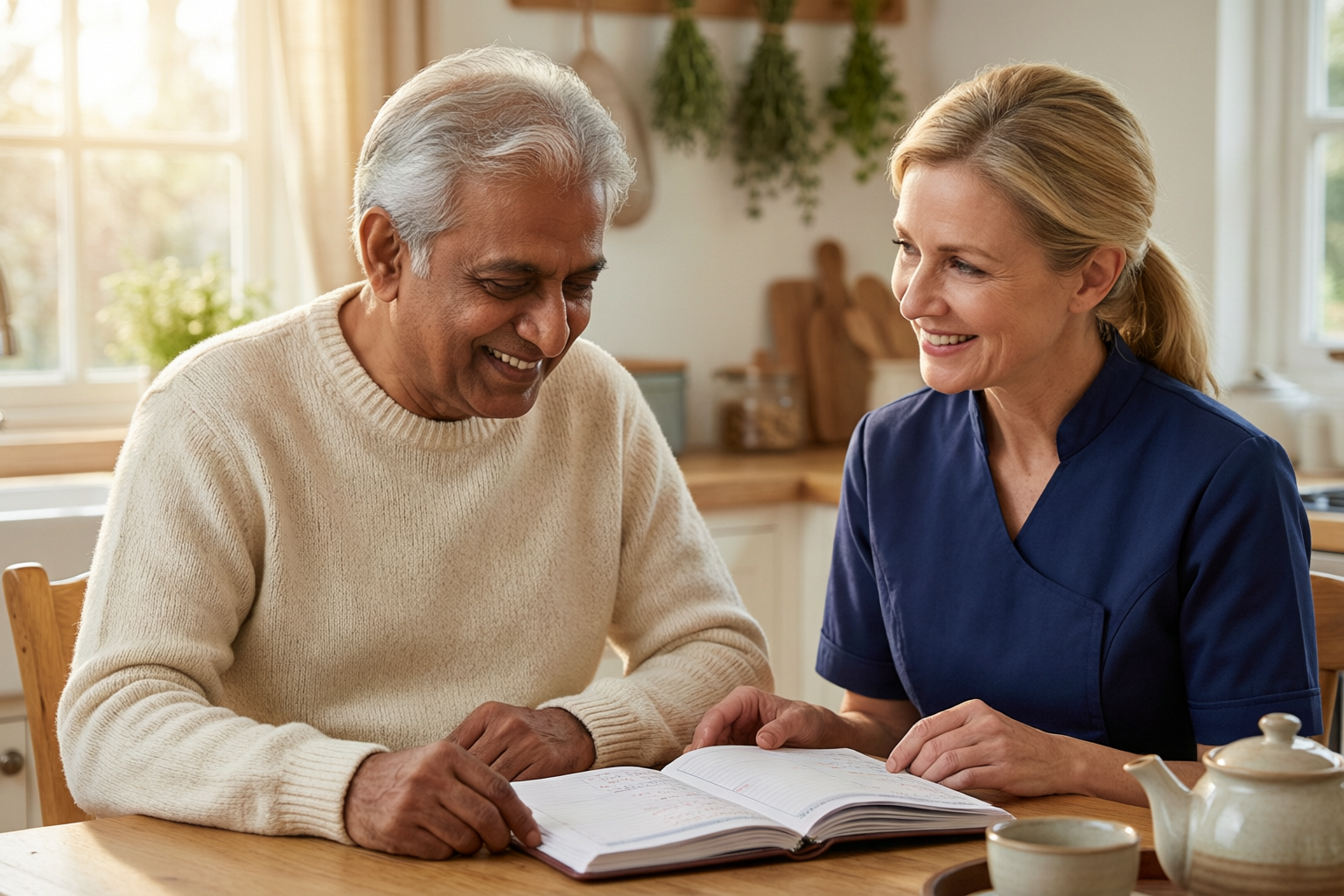 A companion going through the week's planner with an older gentleman