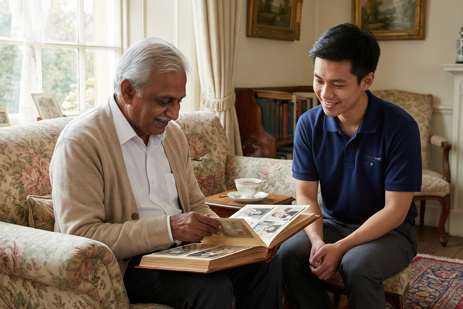 An older gentleman sharing a photo album with a companion