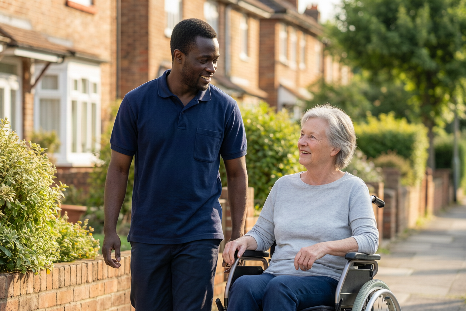 A support worker in a navy polo shirt walking alongside a woman in a wheelchair on a sunny street